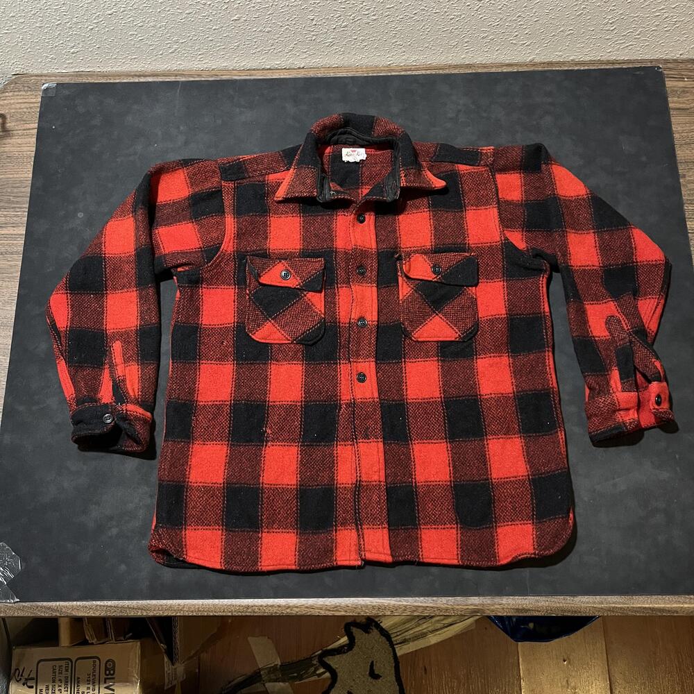 Vintage King Kole 1950s Wool Shirt Jacket Men Large Lumberjack Buffalo Plaid 60s
